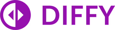 Diffy text to the right of a circle logo with arrows pointing left and right inside