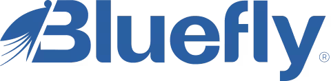 Bluefly.io logo in blue, featuring a stylized “B” with a wing-like feather design on the left and the word “Bluefly” in bold lettering.