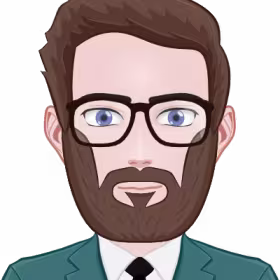 Cartoon-style avatar of a bearded man with glasses wearing a suit and tie.