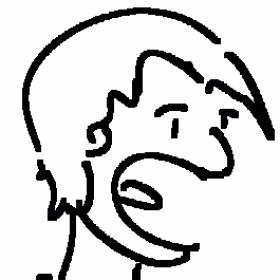 Simple black-and-white cartoon-style drawing of a person with medium-length hair and an open mouth expression.