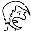 Simple black-and-white cartoon-style drawing of a person with medium-length hair and an open mouth expression.